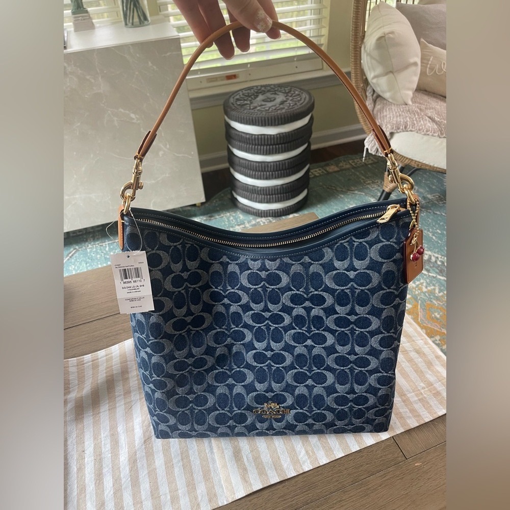 Coach Blue Signature Denim Shoulder Bag with Tan Leather Handle🦋🦋